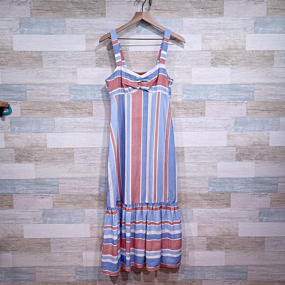 ZARA Striped Linen Blend Midi Sun Dress Red White Blue Mermaid Hem Womens Small - Picture 2 of 11